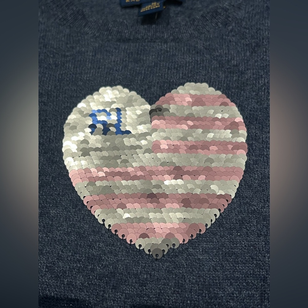 Polo Ralph Lauren Sweater Girls Blue I Heart USA flag Polo Pullover Size M 8-10 - Picture 9 of 13